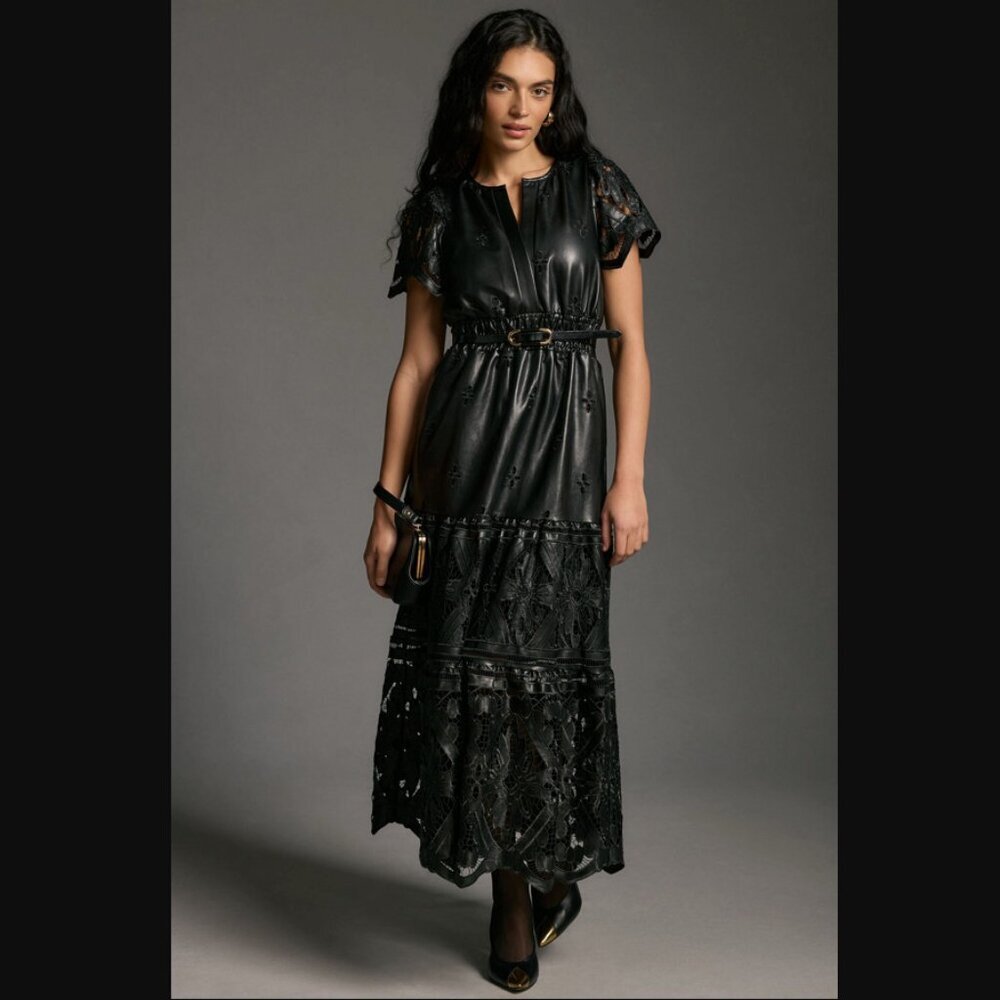 Anthropologie The Somerset Black Faux Leather Embroidered Maxi Dress Petite M